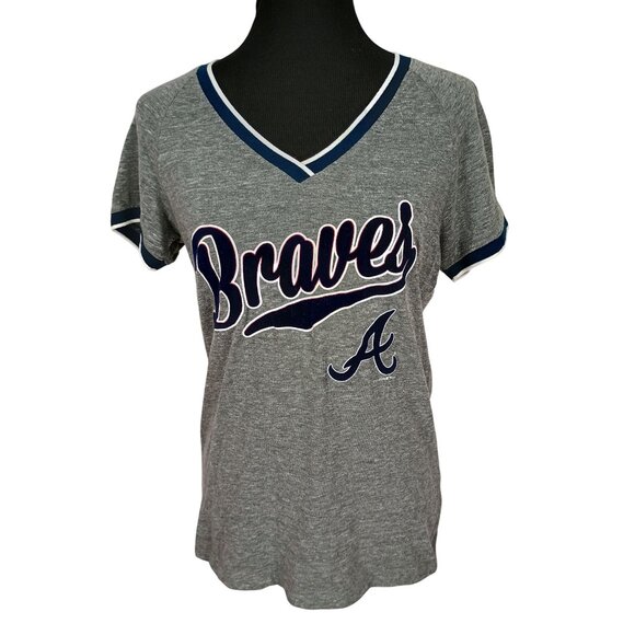 Atlanta Braves Womens V-Neck Tee By 5th & Ocean Size M Gray Cotton Blend - Picture 1 of 9